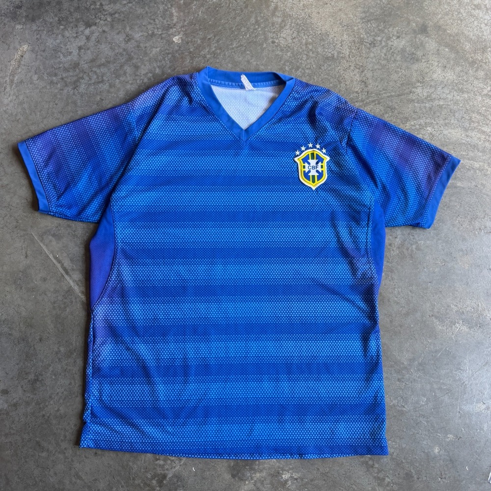 Brazil Striped Soccer Blue Jersey Boot Mens L 23x29 Football Kit National Team
